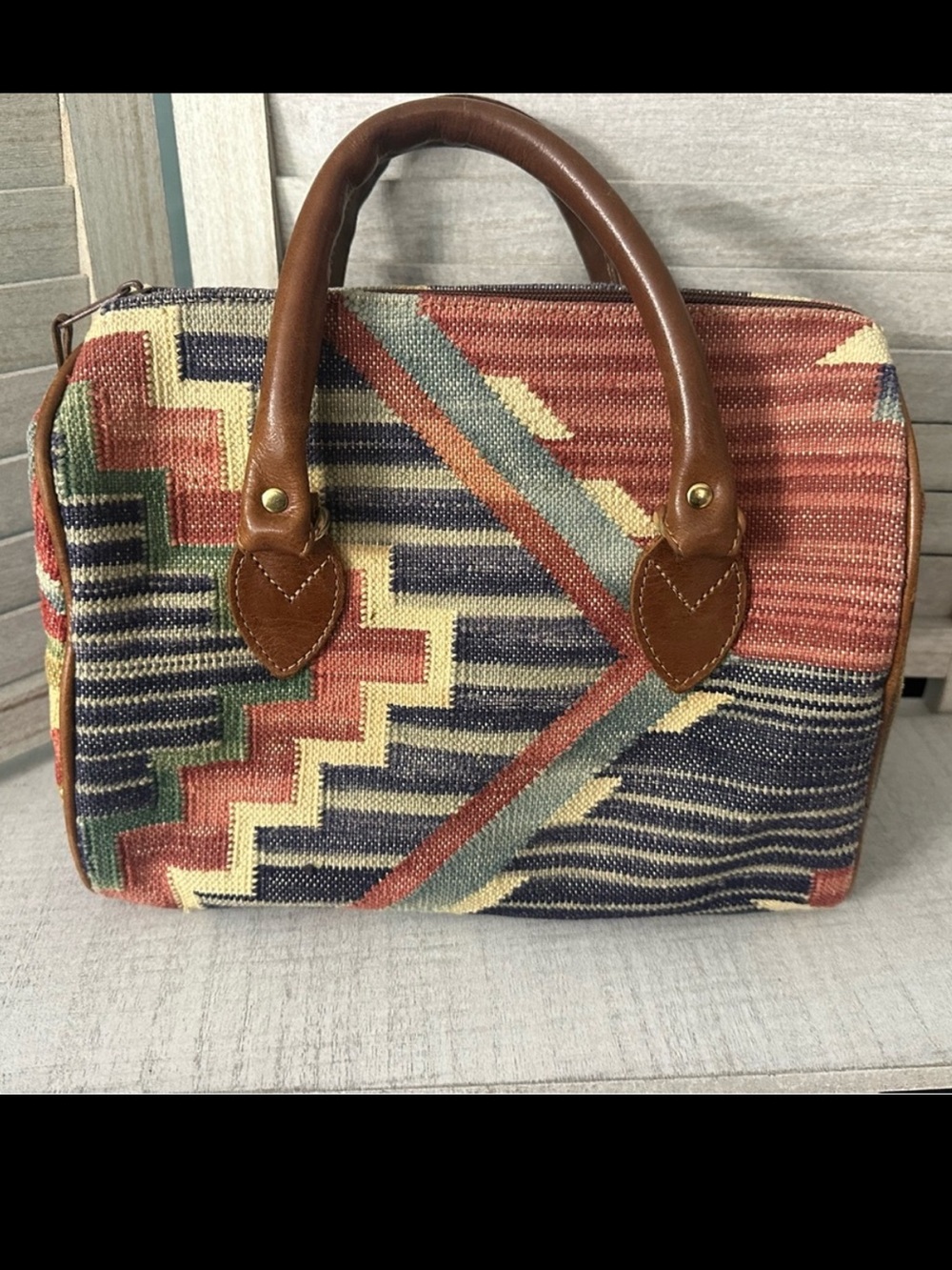 VINTAGE LEATHER TRIM SOUTHWESTERN BARREL BAG